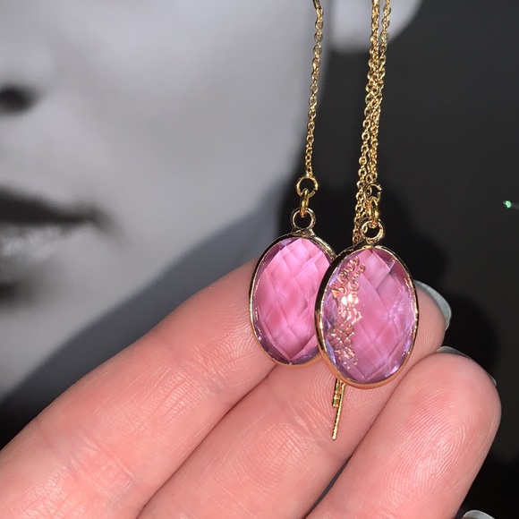 GradeA June Light Alexandrite 18mm Gold Plated Oval Crystal Pendant Drop Earring - Picture 10 of 17